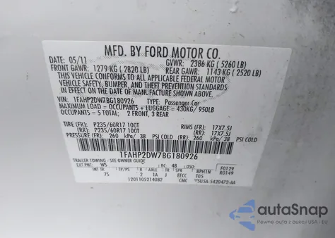 2011 Ford Taurus Se from USA, damaged, VIN 1FAHP2DW7BG180926